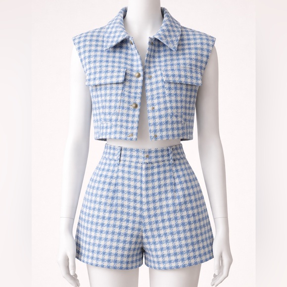 Zara Pants - Zara Blue & Cream Houndstooth Cropped Vest and High-Waist Shorts Set